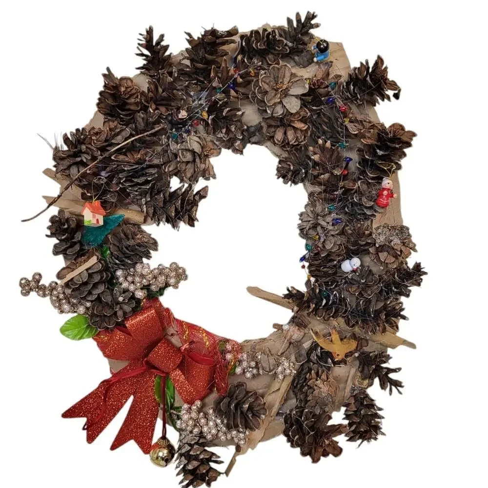 Christmas Xmas Acorn Pincorn Red Glitter Bow Gold Bell Wreath